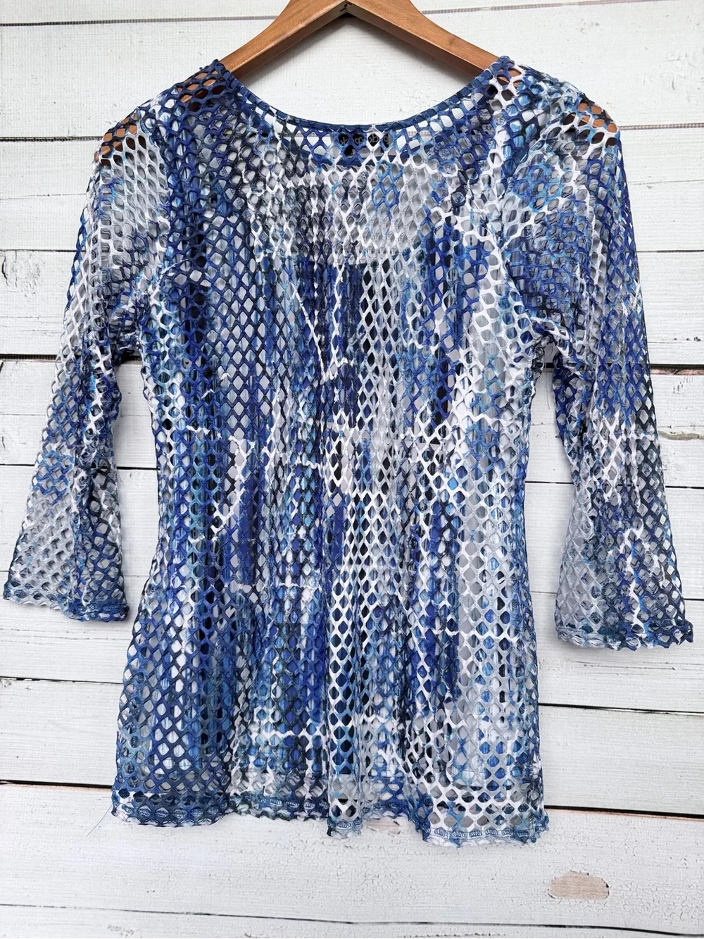 Peck & Peck Blue Abstract Tie Dye Diamond Mesh Blouse Set - Size Medium